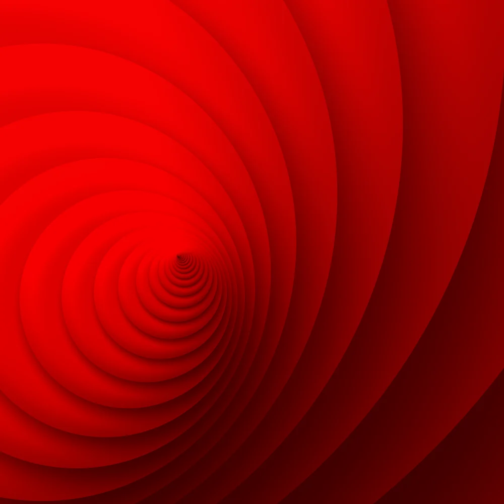 Scarlet Tunnel – Swirls · a stack of paper discs sinking into a tunnel · Scarlet palette generated with Espiralito