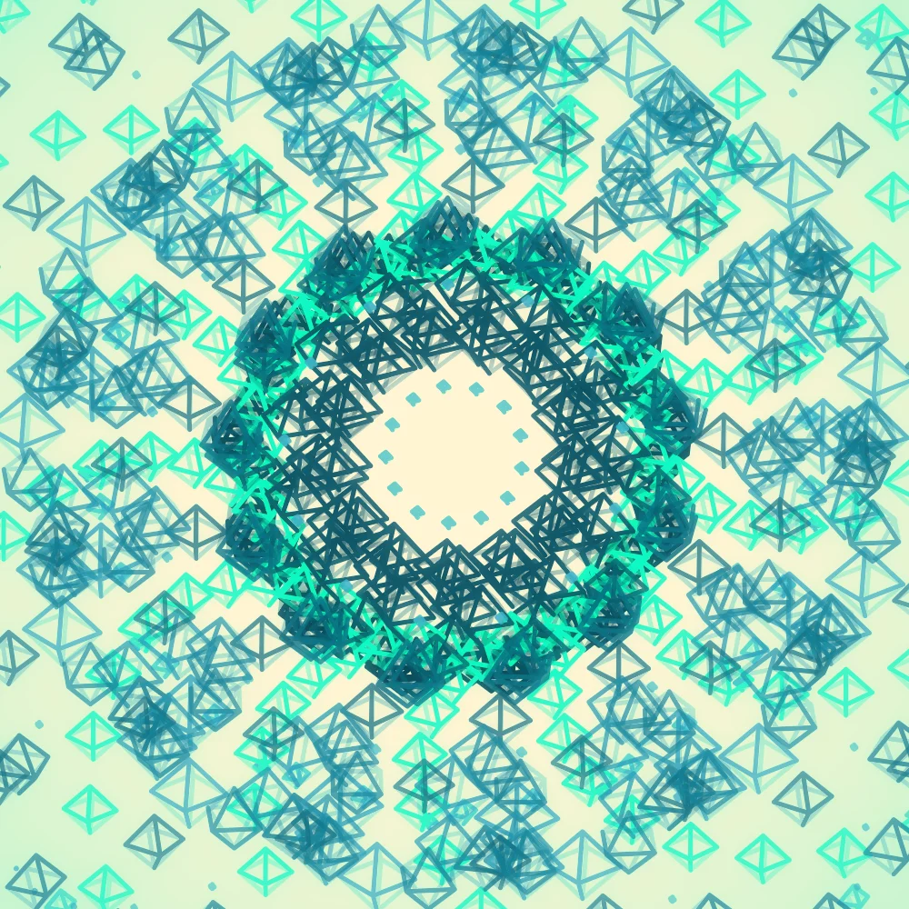 Sea Crystals – Spirograph · 77 wireframe octahedra · 13-fold symmetry · Deep Ocean Neon palette · bloom, warm grade, 3D depth, depth sorting, turning solids generated with Espiralito