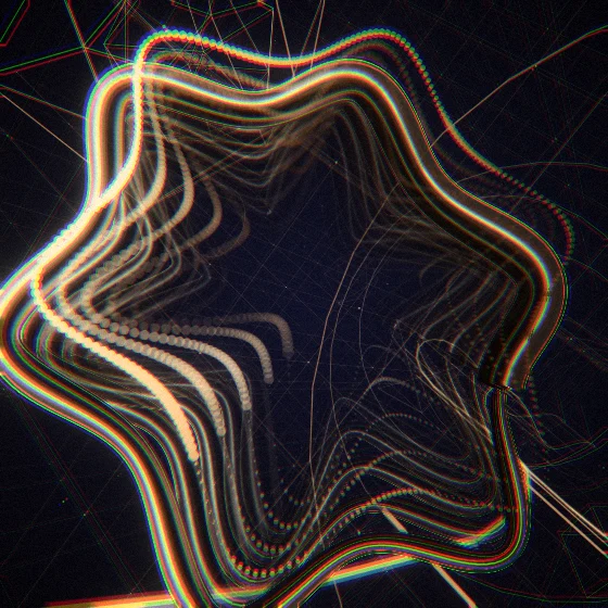 Sepia Bloom – Superformula · 219 circles · 6-fold symmetry · Sepia palette · ribbons + dots, bloom, chromatic aberration, film grain, warm grade, 3D depth, tapered strokes, shape morphing, fit-to-canvas, noise-sized shapes