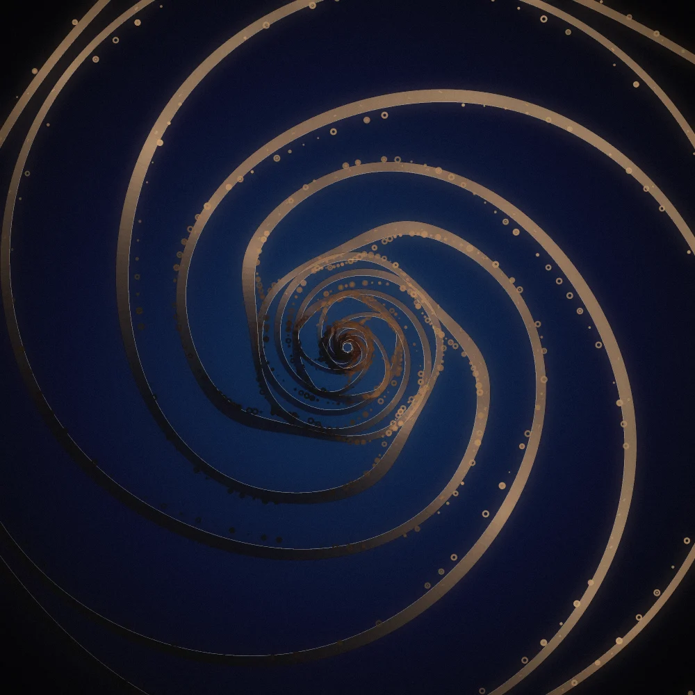 Sepia Curl – Organic · 151 circles · 5-fold symmetry · Sepia palette · bloom, film grain, warm grade generated with Espiralito