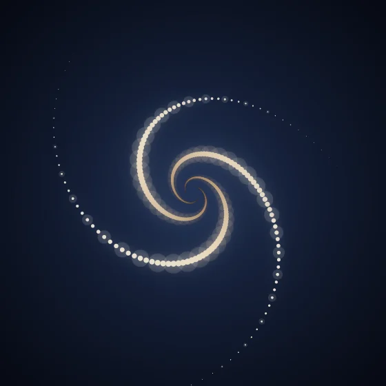 Sepia Whorl – Spiral · 82 circles · 3-fold symmetry · Sepia palette · bloom, 3D depth, depth sorting