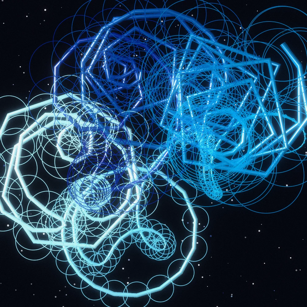 Silent Orbit – Spirograph · 300 circles · Midnight palette · ribbons + dots, bloom, film grain generated with Espiralito