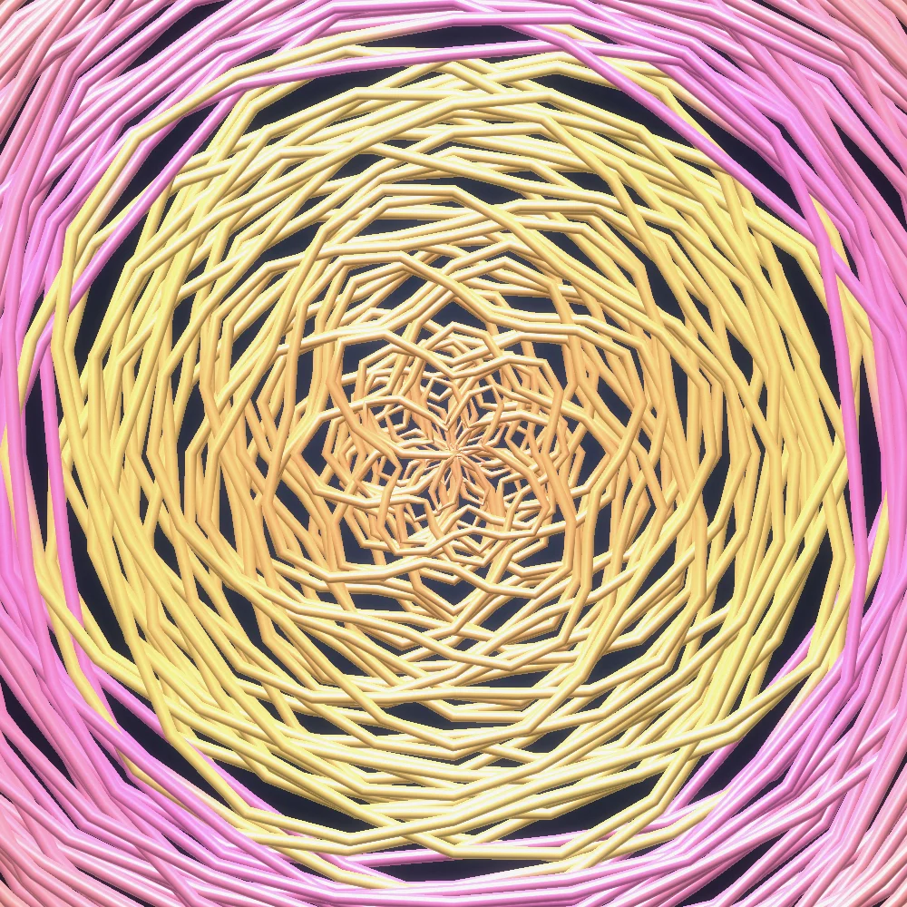 Silk Cyclone – Spiral · 300 circles · 8-fold symmetry · Sunset palette · shaded ribbons, bloom, film grain generated with Espiralito