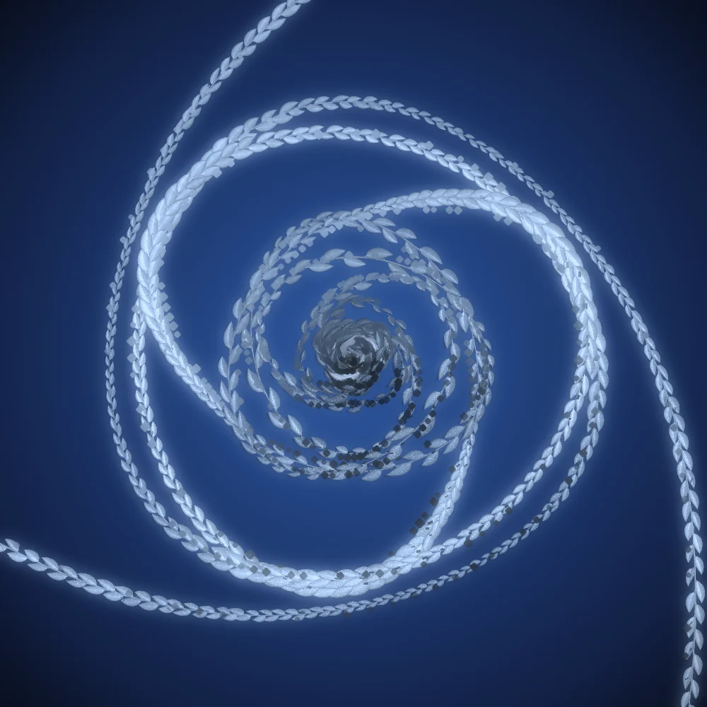 Silver Fiddlehead – Organic · 169 diamonds · 3-fold symmetry · Silver palette · bloom, cool grade, 3D depth generated with Espiralito