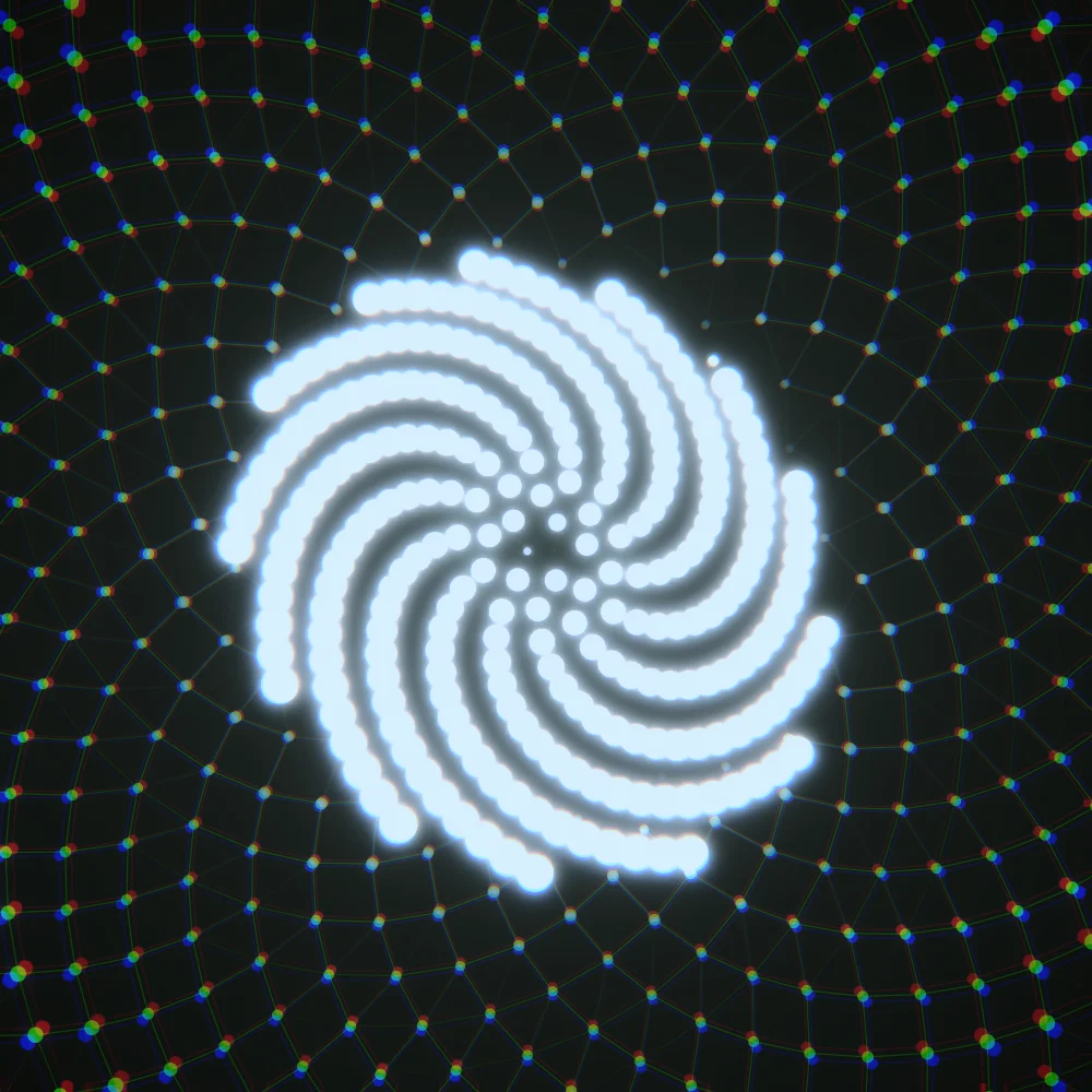 Silver Phyllotactic Seedhead – Fibonacci · 128 circles · Silver palette · bloom, chromatic aberration, cool grade, 3D depth, animated background, glow, depth sorting generated with Espiralito