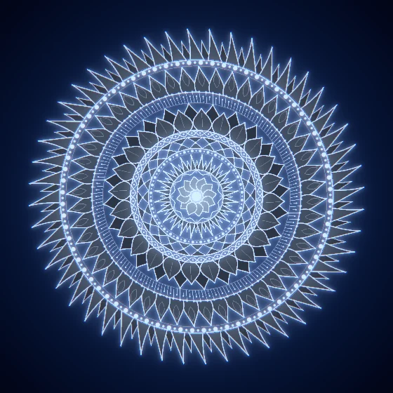 Silver Rosette – Mandala · 220 diamonds · Silver palette · bloom, chromatic aberration, cool grade, reverse rotation, glow