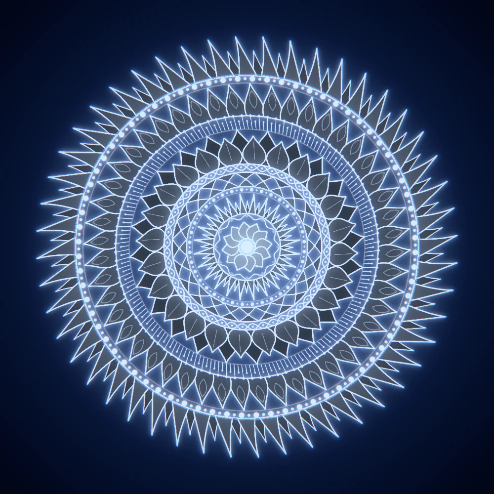 Silver Rosette – Mandala · 220 diamonds · Silver palette · bloom, chromatic aberration, cool grade, reverse rotation, glow generated with Espiralito