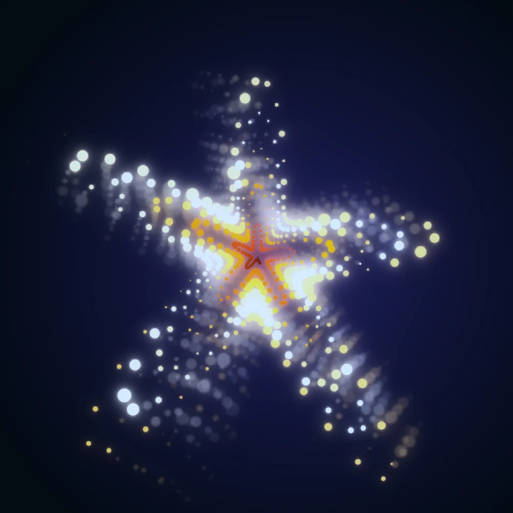 Solar Crest – Superformula · 253 circles · 5-fold symmetry · Supernova palette · bloom, cool grade, 3D depth, animated background, glow, motion trails, noise-sized shapes, depth sorting generated with Espiralito