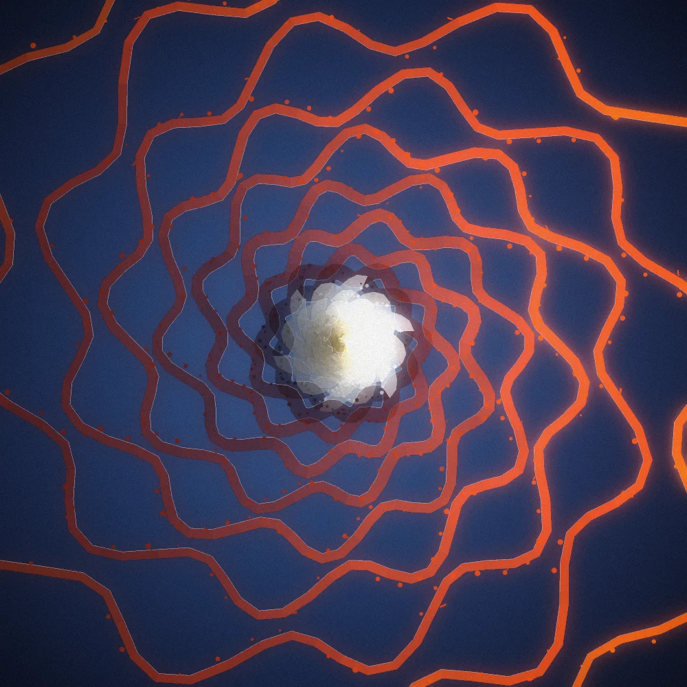 Solar Nautilus – Organic · 120 circles · 6-fold symmetry · Supernova palette · bloom, film grain, tapered strokes generated with Espiralito