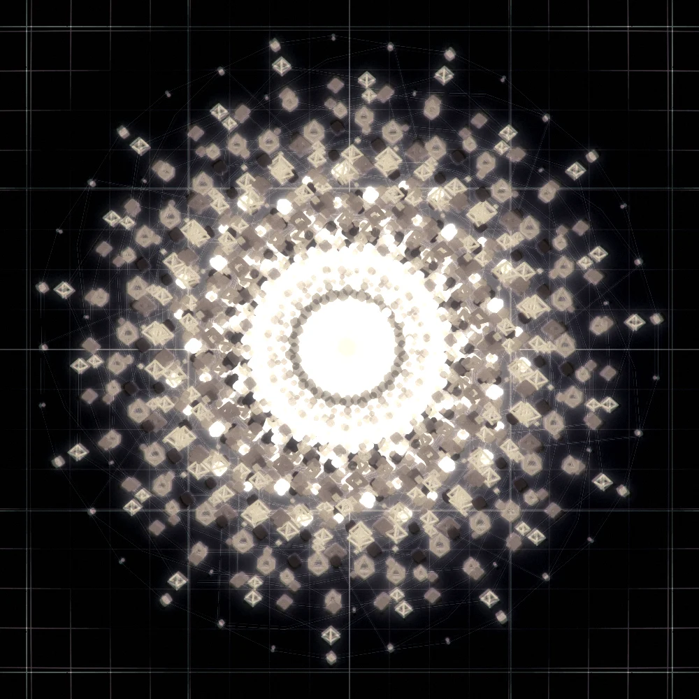 Solar Octahedra – Spiral · 175 wireframe octahedra · 11-fold symmetry · Supernova palette · bloom, chromatic aberration, film grain, black-and-white grade, 3D depth, ellipse distortion, dual spiral, tapered strokes, animated background, fit-to-canvas, glow, noise-sized shapes, depth sorting, connecting lines, turning solids generated with Espiralito