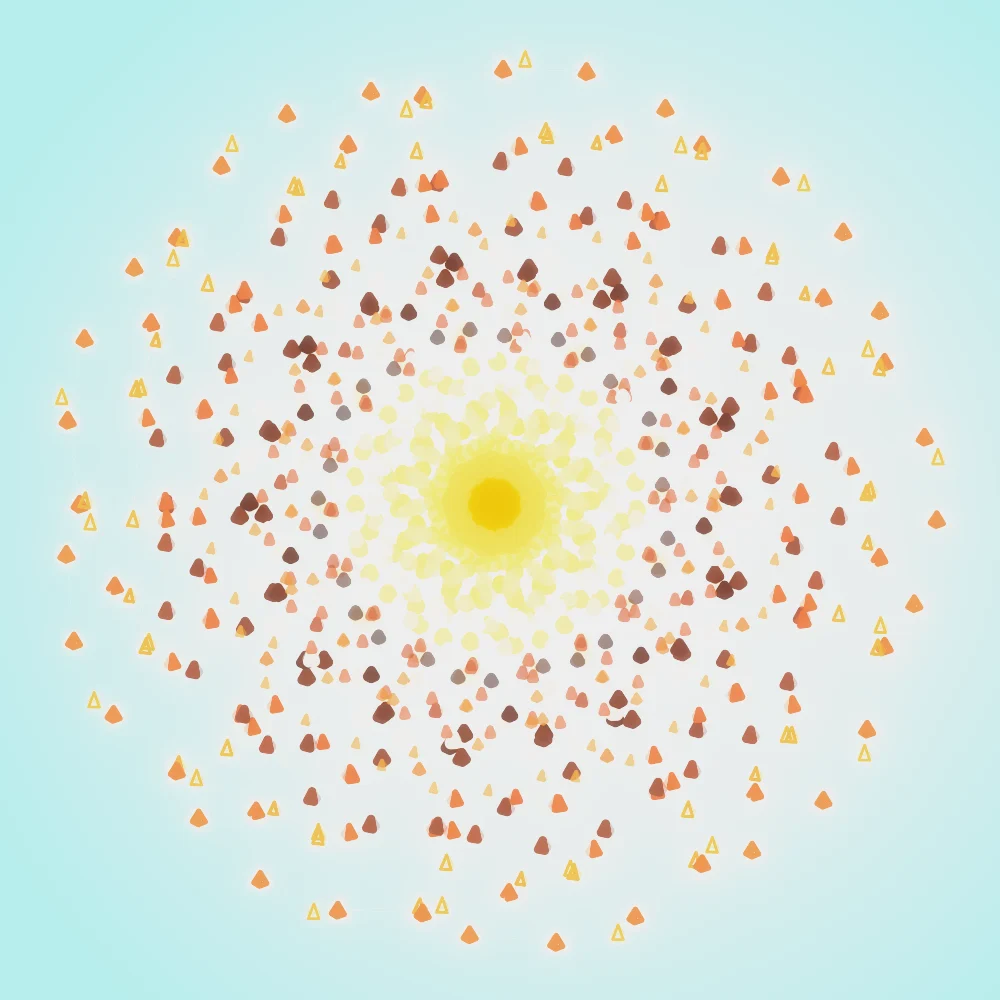Solar Pyramids – Spiral · 131 wireframe pyramids · 9-fold symmetry · Supernova palette · bloom, 3D depth, ellipse distortion, tapered strokes, animated background, fit-to-canvas, glow, depth sorting, connecting lines, turning solids generated with Espiralito
