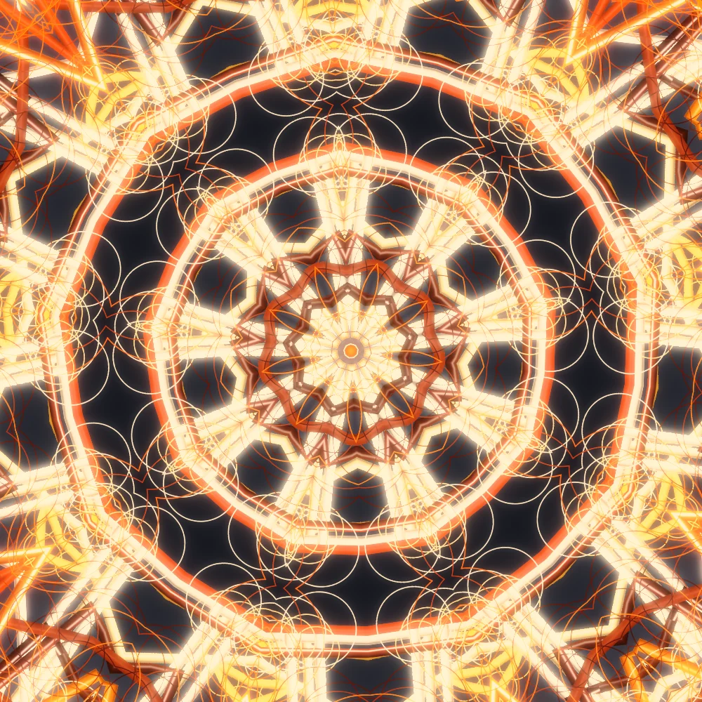 Solar Rosette – Lissajous · 300 circles · Supernova palette · ribbons + dots, 9-wedge kaleidoscope with 2 fractal folds, bloom, warm grade generated with Espiralito