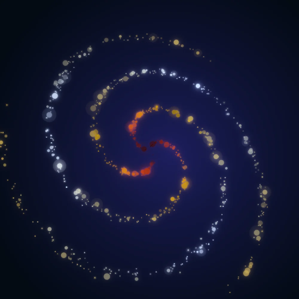 Solar Spiral – Spiral · 87 circles · 3-fold symmetry · Supernova palette · bloom, cool grade, 3D depth, animated background, glow, depth sorting generated with Espiralito
