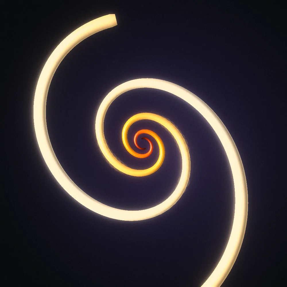 Solar Vortex – Spiral · 192 wireframe cubes · 2-fold symmetry · Supernova palette · shaded ribbons, bloom, film grain, warm grade, 3D depth, animated background, noise-sized shapes generated with Espiralito