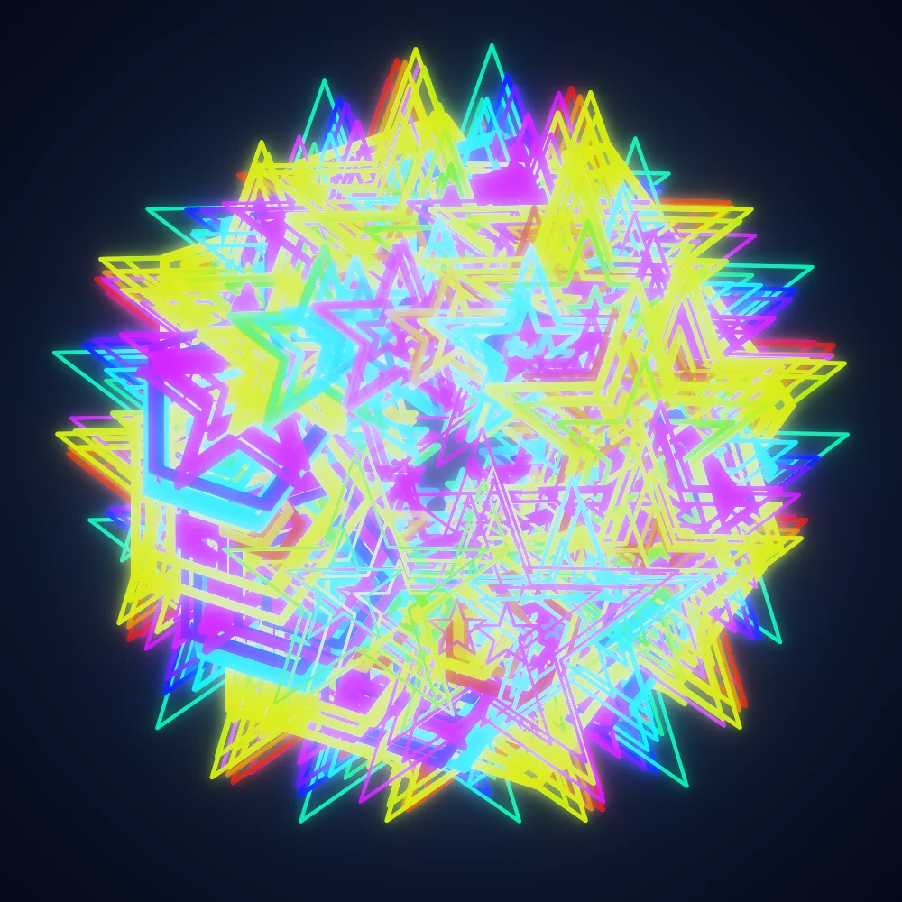 Spectrum Bloom – Superformula · 279 diamonds · 8-fold symmetry · Rainbow palette · ribbons + dots, bloom, cool grade, 3D depth, dual spiral, tapered strokes, shape morphing, fit-to-canvas, noise-sized shapes, connecting lines generated with Espiralito