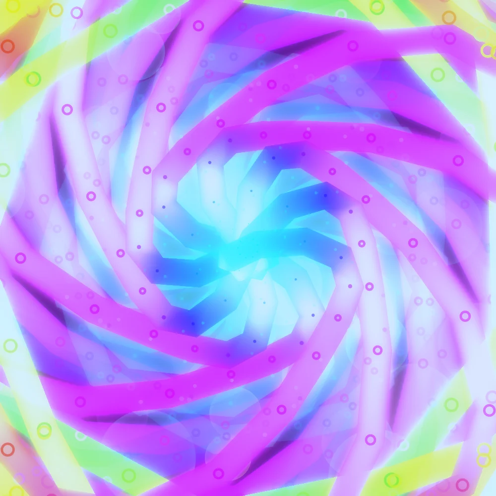 Spectrum Bokeh Whorl – Spiral · 169 circles · 9-fold symmetry · Rainbow palette · ribbons + dots, bloom, cool grade, 3D depth, ellipse distortion, animated background, glow, motion trails generated with Espiralito