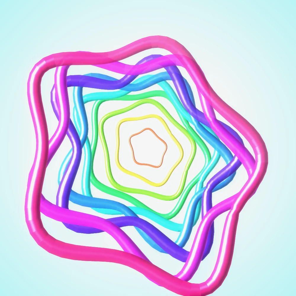 Spectrum Crest – Superformula · 115 circles · 5-fold symmetry · Rainbow palette · shaded ribbons, bloom, 3D depth generated with Espiralito
