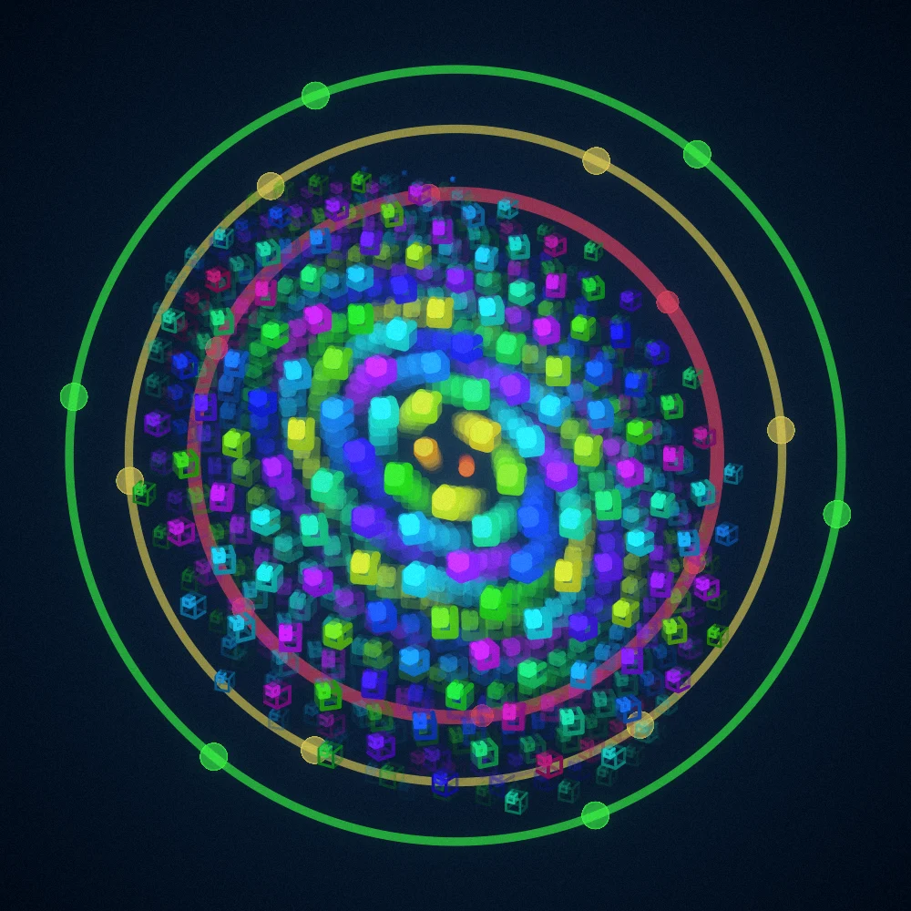 Spectrum Cubes – Fibonacci · 72 wireframe cubes · Rainbow palette · bloom, film grain, cool grade, 3D depth, tapered strokes, fit-to-canvas, motion trails, depth sorting, turning solids generated with Espiralito