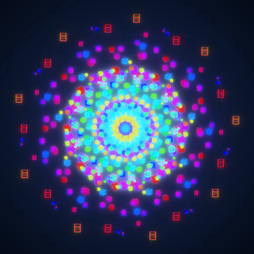 Spectrum Dice – Spiral · 110 wireframe cubes · 9-fold symmetry · Rainbow palette · bloom, chromatic aberration, cool grade, 3D depth, tapered strokes, fit-to-canvas, glow, noise-sized shapes, depth sorting, connecting lines, turning solids generated with Espiralito