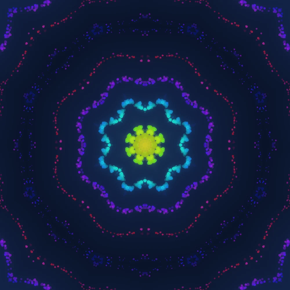 Spectrum Mirror – Spiral · 204 wireframe pyramids · 3-fold symmetry · Rainbow palette · ribbons + dots, 8-wedge kaleidoscope with 1 fractal fold, bloom, cool grade, 3D depth, tapered strokes, noise-sized shapes generated with Espiralito