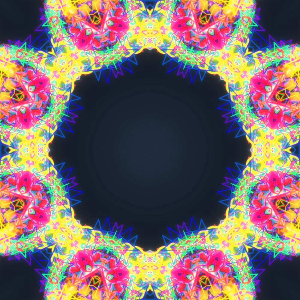 Spectrum Mosaic – Superformula · 165 circles · 9-fold symmetry · Rainbow palette · ribbons + dots, 8-wedge kaleidoscope with 1 fractal fold, bloom, chromatic aberration, warm grade, 3D depth, tapered strokes, shape morphing, noise-sized shapes generated with Espiralito