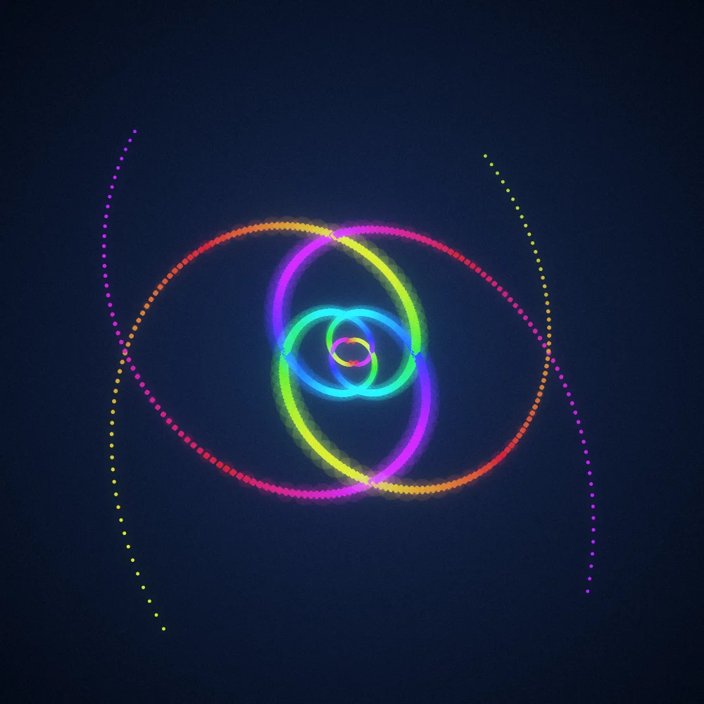 Spectrum Octahedra – Spiral · 164 wireframe octahedra · 2-fold symmetry · Rainbow palette · bloom, film grain, cool grade, 3D depth, dual spiral, depth sorting, turning solids generated with Espiralito