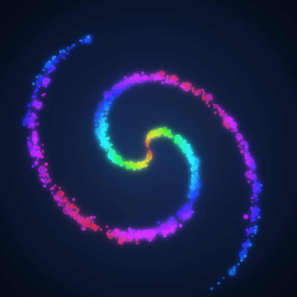 Spectrum Orbs – Spiral · 190 wireframe spheres · 2-fold symmetry · Rainbow palette · bloom, cool grade, 3D depth, glow, depth sorting, turning solids generated with Espiralito
