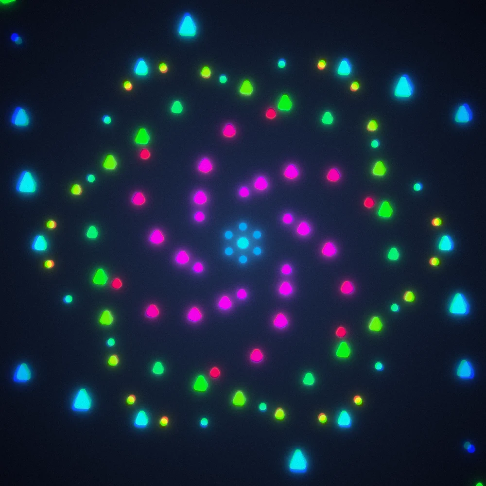 Spectrum Pyramids – Spiral · 163 wireframe pyramids · 6-fold symmetry · Rainbow palette · bloom, chromatic aberration, film grain, 3D depth, tapered strokes, glow, noise-sized shapes, turning solids generated with Espiralito