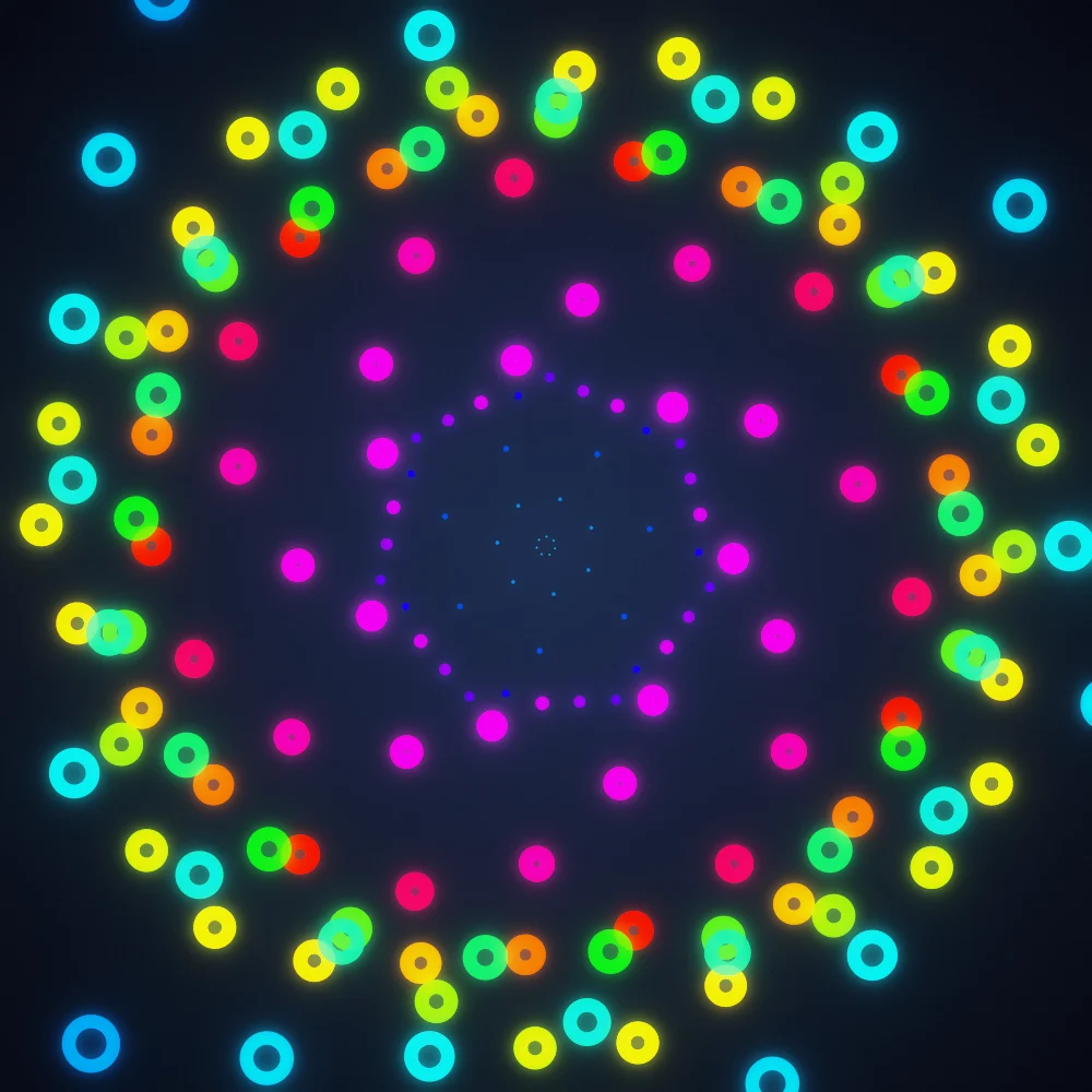 Spectrum Spiral II – Spiral · 180 squares · 7-fold symmetry · Rainbow palette · bloom, film grain, 3D depth, tapered strokes, shape morphing, depth sorting generated with Espiralito