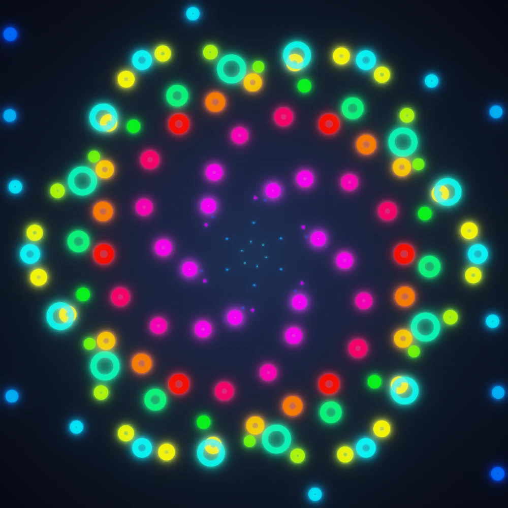 Spectrum Spiral – Spiral · 208 circles · 6-fold symmetry · Rainbow palette · bloom, 3D depth, tapered strokes, glow, noise-sized shapes, depth sorting generated with Espiralito