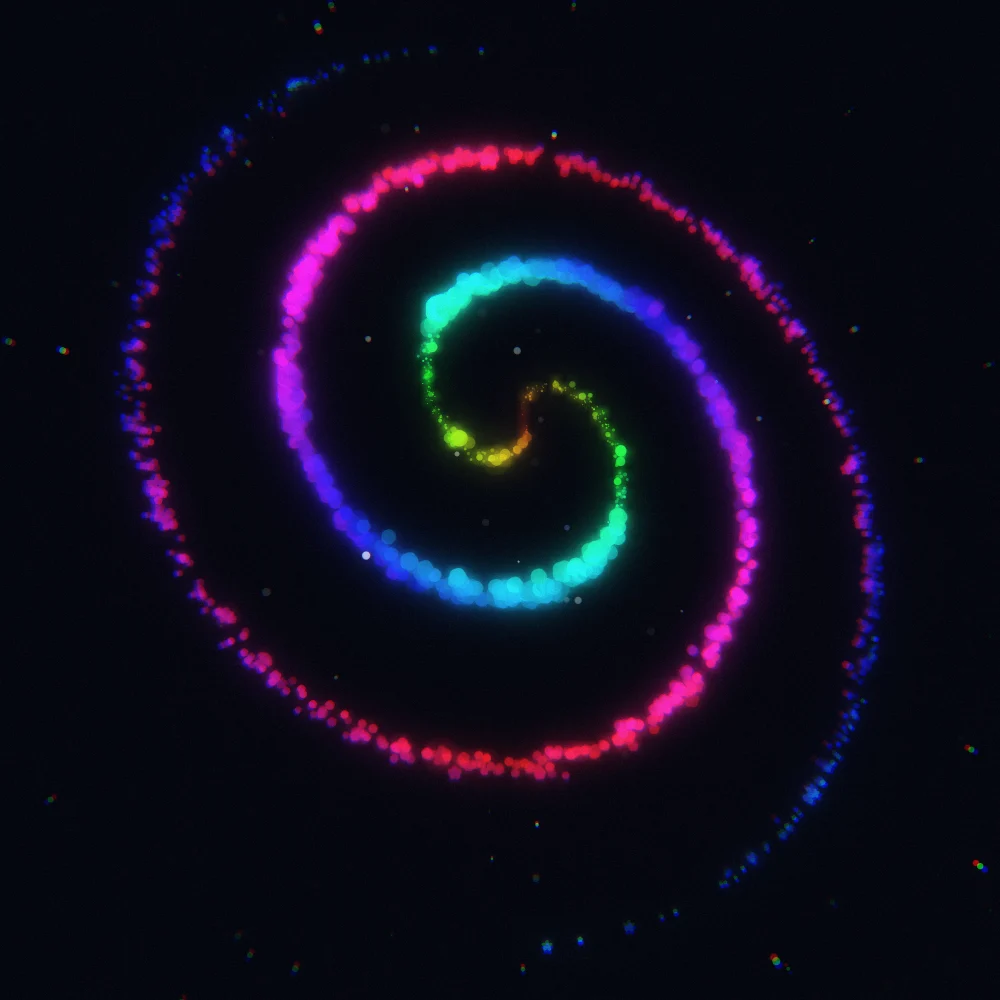 Spectrum Vortex – Spiral · 258 circles · 2-fold symmetry · Rainbow palette · bloom, chromatic aberration, film grain, 3D depth, tapered strokes, shape morphing, animated background, fit-to-canvas, glow, noise-sized shapes, depth sorting generated with Espiralito