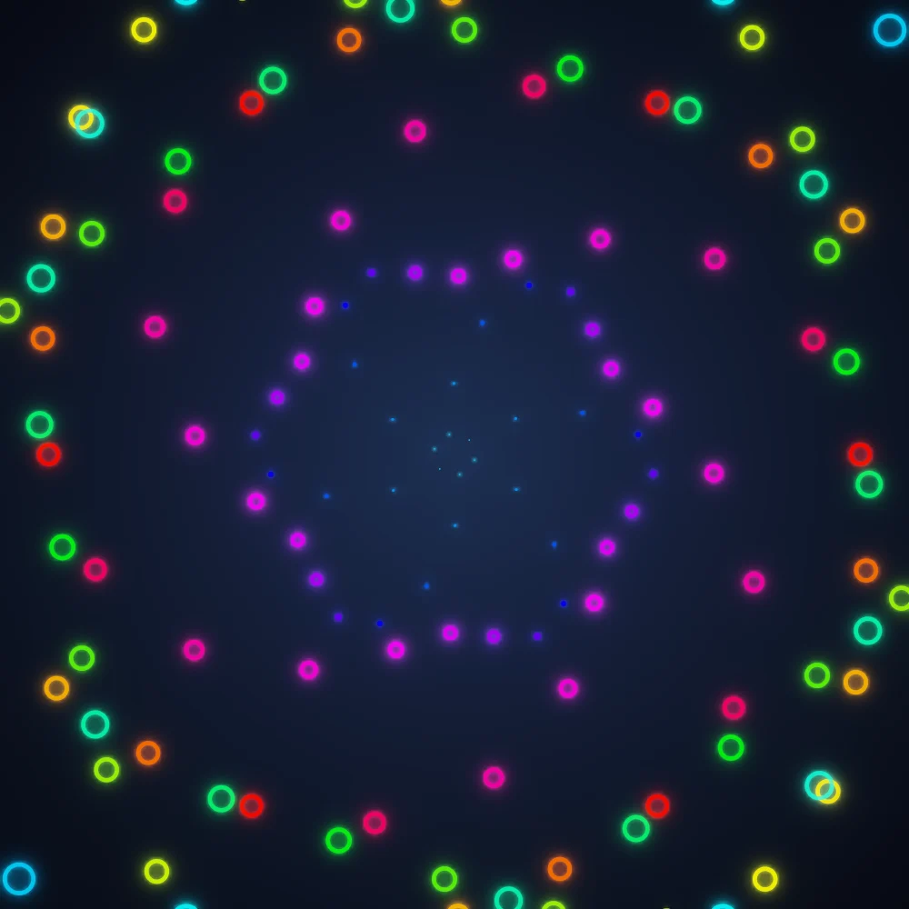 Spectrum Whorl II – Spiral · 109 circles · 6-fold symmetry · Rainbow palette · bloom, 3D depth, glow, depth sorting generated with Espiralito