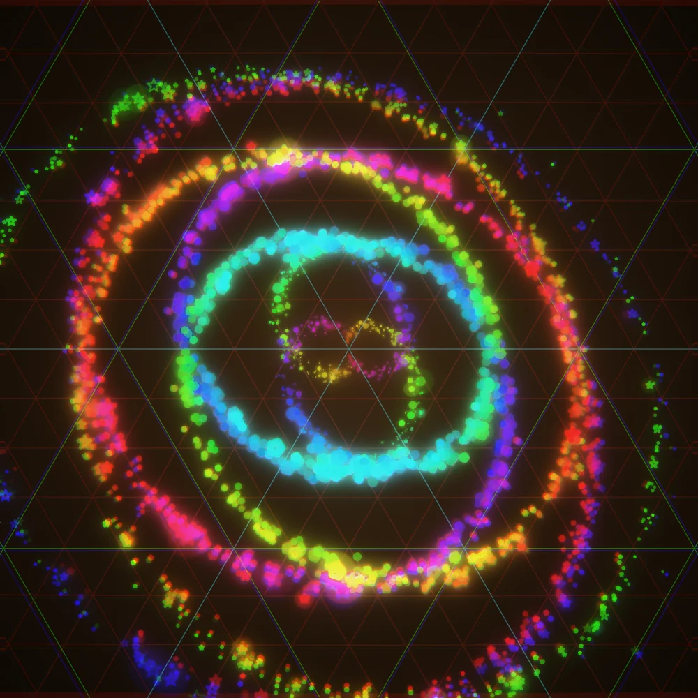 Spectrum Whorl – Spiral · 228 squares · 2-fold symmetry · Rainbow palette · ribbons + dots, bloom, chromatic aberration, 3D depth, dual spiral, tapered strokes, shape morphing, glow, noise-sized shapes generated with Espiralito