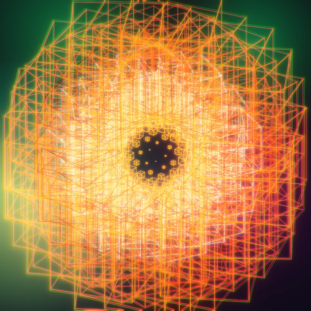 Starfield Cubes – Fibonacci · 300 wireframe cubes · Supernova palette · bloom, chromatic aberration, warm grade, glow, turning solids generated with Espiralito