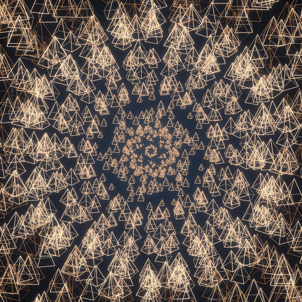 Sun Pyramids – Spiral · 300 wireframe pyramids · 6-fold symmetry · Desert palette · bloom, film grain, warm grade, 3D depth, turning solids generated with Espiralito