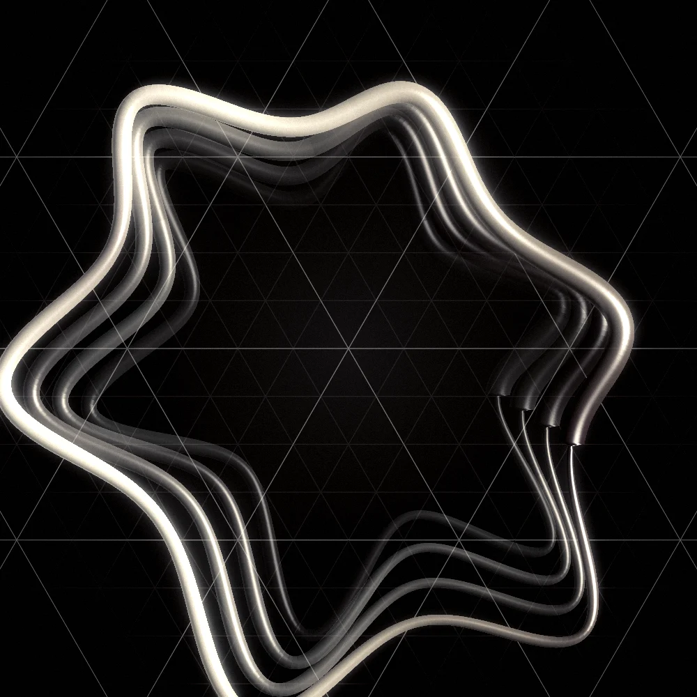 Sunfire Bloom – Superformula · 249 circles · 6-fold symmetry · Sunfire palette · shaded ribbons, bloom, film grain, black-and-white grade, 3D depth, animated background generated with Espiralito