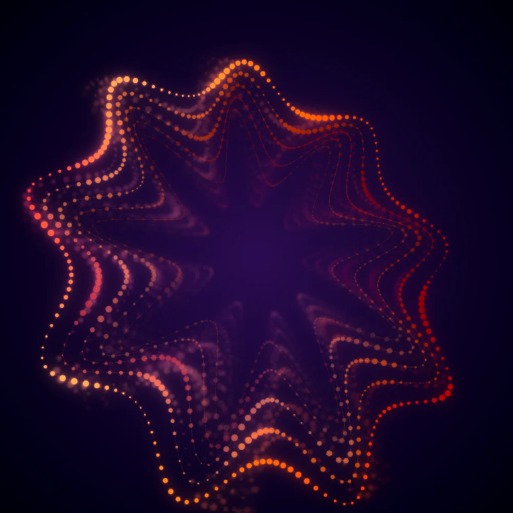 Sunfire Chalice – Superformula · 155 circles · 9-fold symmetry · Sunfire palette · bloom, neon grade, 3D depth, animated background, glow, motion trails, noise-sized shapes, depth sorting, connecting lines generated with Espiralito