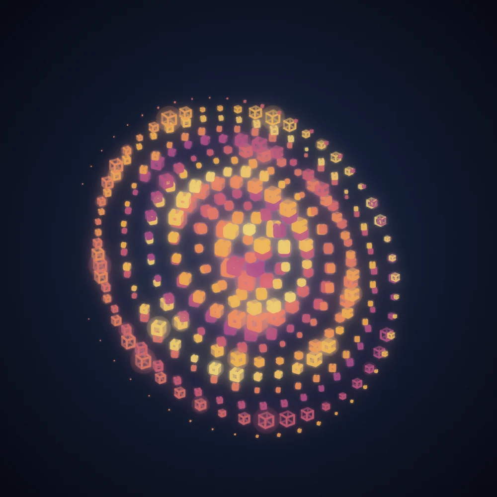 Sunset Cubes – Spiral · 93 wireframe cubes · Sunset palette · bloom, film grain, 3D depth, dual spiral, tapered strokes, glow, noise-sized shapes, depth sorting, turning solids generated with Espiralito