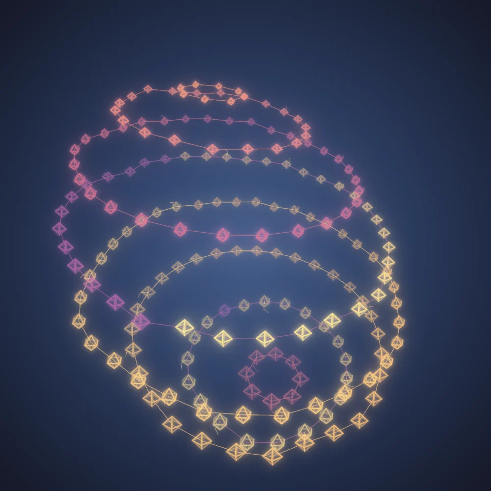 Sunset Octahedra – Mandala · 220 wireframe octahedra · Sunset palette · bloom, 3D depth, glow, depth sorting, turning solids generated with Espiralito