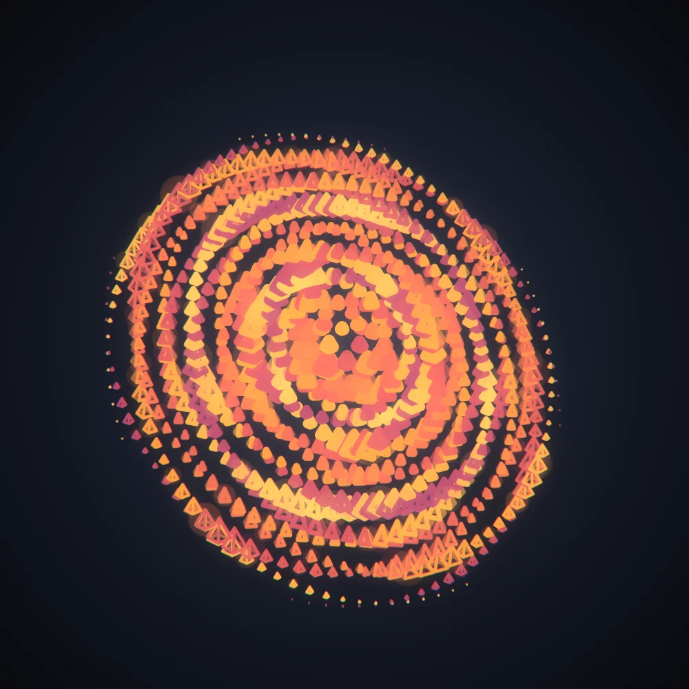 Sunset Pyramids – Spiral · 215 wireframe pyramids · 4-fold symmetry · Sunset palette · bloom, chromatic aberration, warm grade, 3D depth, dual spiral, tapered strokes, fit-to-canvas, noise-sized shapes, depth sorting, turning solids generated with Espiralito