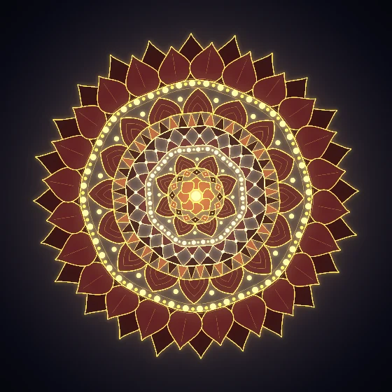Sunset Rosette – Mandala · 251 circles · Sunset palette · , animated background, glow