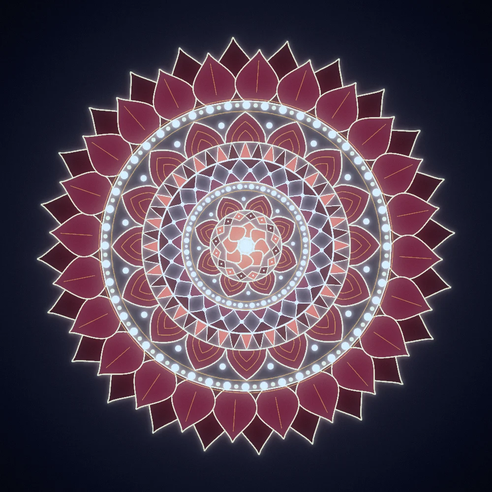Sunset Rosette – Mandala · 251 circles · Sunset palette · bloom, film grain, cool grade, animated background, glow generated with Espiralito