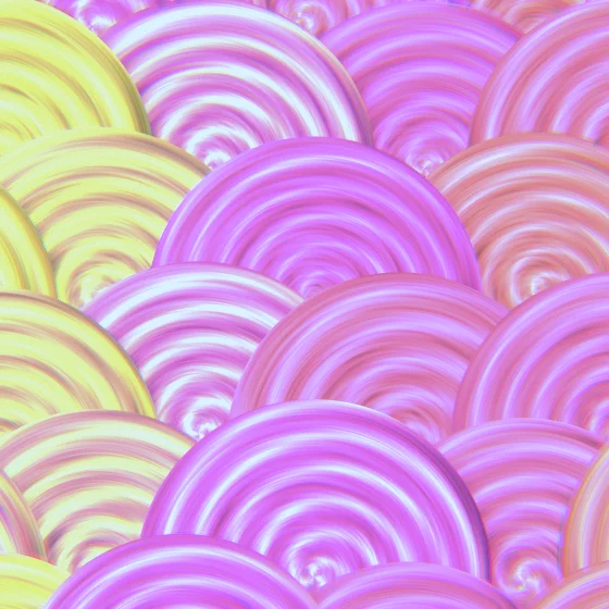 Sunset Scales – Swirls · painted swirls overlapping like scales · 3 arms · Sunset palette · bloom, chromatic aberration, film grain, cool grade, reverse rotation