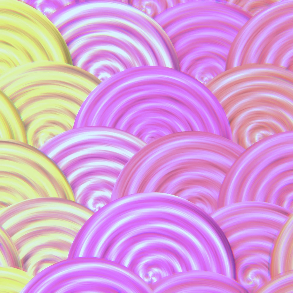 Sunset Scales – Swirls · painted swirls overlapping like scales · 3 arms · Sunset palette · bloom, chromatic aberration, film grain, cool grade, reverse rotation generated with Espiralito