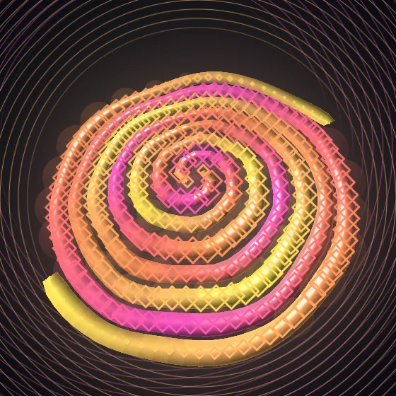 Sunset Whorl – Spiral · 150 diamonds · 2-fold symmetry · Sunset palette · ribbons + dots, , 3D depth, animated background, connecting lines