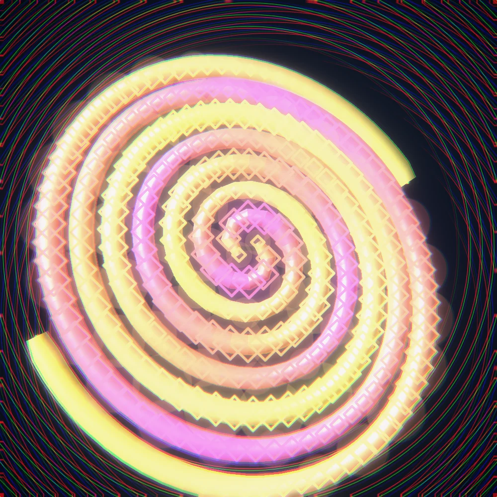 Sunset Whorl – Spiral · 150 diamonds · 2-fold symmetry · Sunset palette · ribbons + dots, bloom, chromatic aberration, 3D depth, connecting lines generated with Espiralito