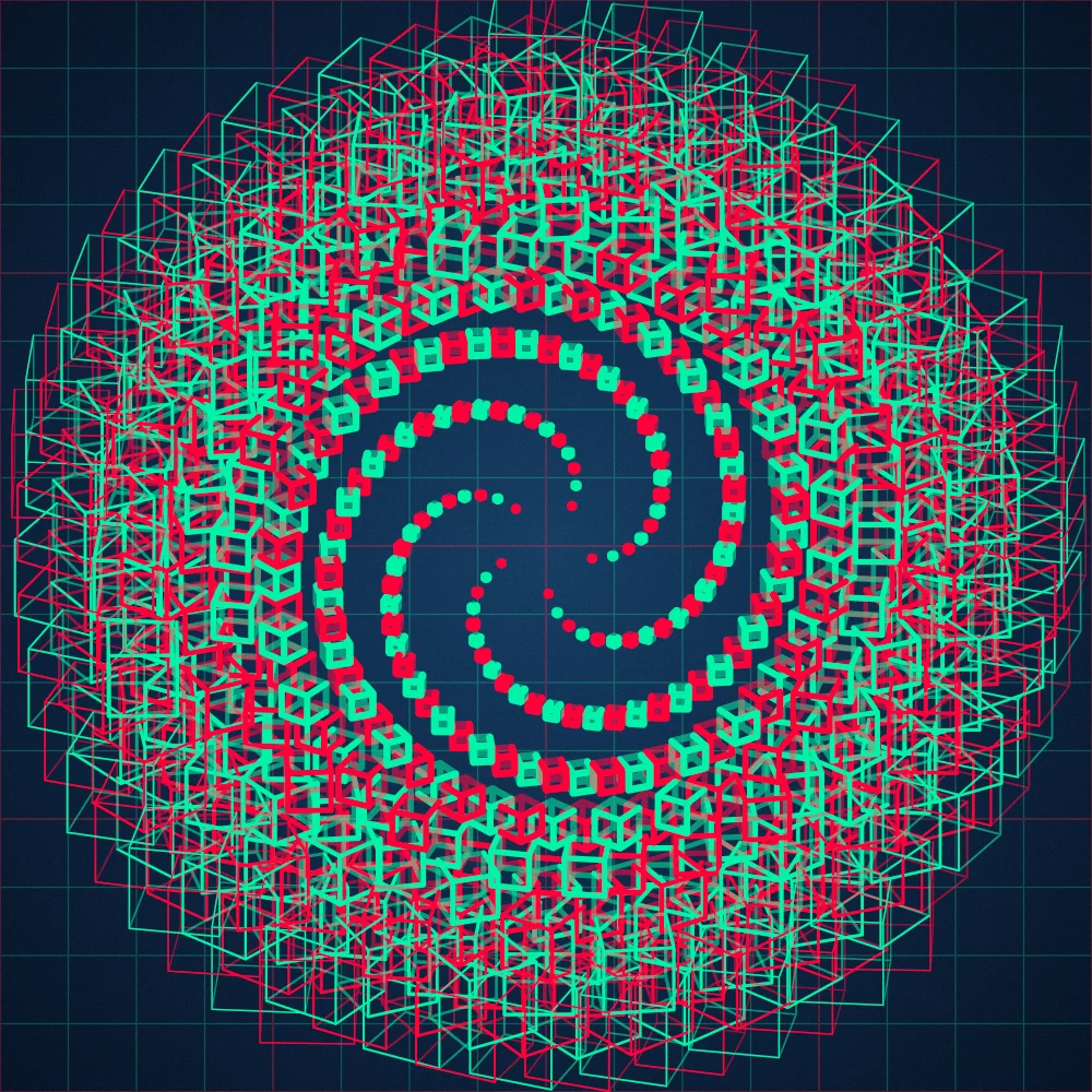 Teal Cubes – Fibonacci · 108 wireframe cubes · 5-fold symmetry · Complementary Teal palette · film grain, warm grade, tapered strokes, turning solids generated with Espiralito