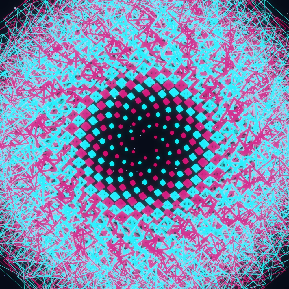 Teal Gems – Fibonacci · 159 wireframe octahedra · 6-fold symmetry · Complementary Teal palette · bloom, cool grade, tapered strokes, turning solids generated with Espiralito