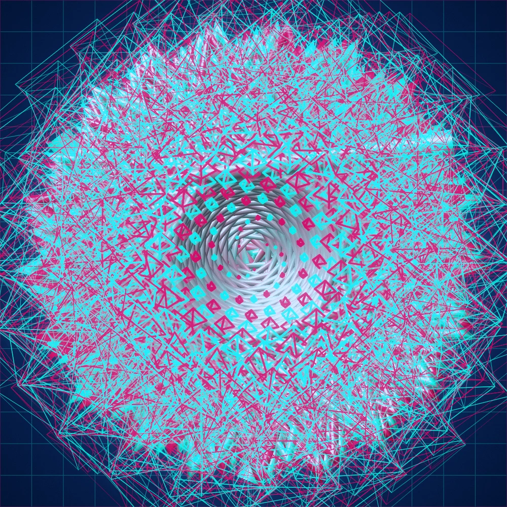 Teal Octahedra – Fibonacci · 201 wireframe octahedra · 3-fold symmetry · Complementary Teal palette · ribbons + dots, bloom, film grain, cool grade, tapered strokes, turning solids generated with Espiralito
