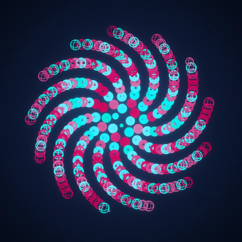 Teal Orbs – Fibonacci · 123 wireframe spheres · Complementary Teal palette · bloom, film grain, cool grade, tapered strokes, turning solids generated with Espiralito